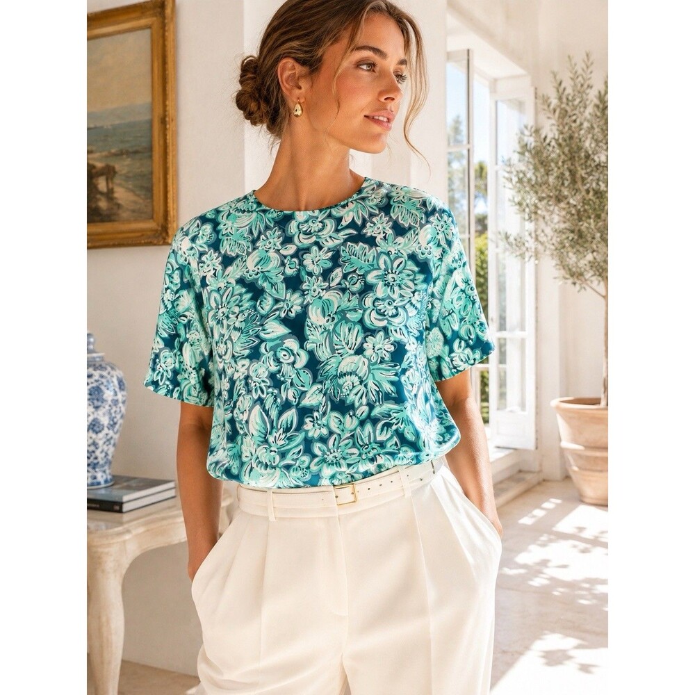 Vintage S.L.B. by Sunny Leigh 100% Silk Floral Teal Aqua Blouse Top Women’s 8